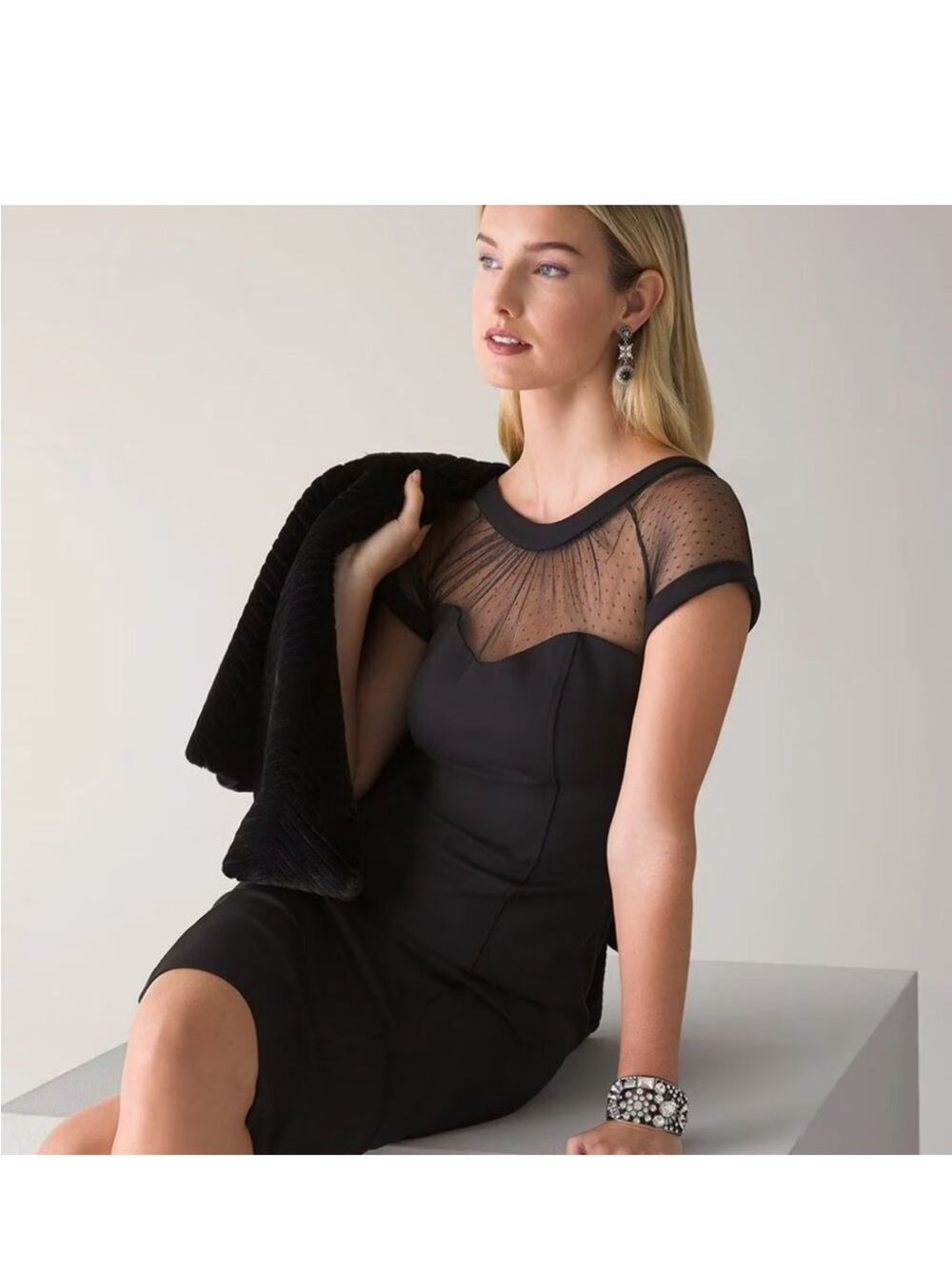 White House Black Market Black Sheer Dotted Yoke Short Sleeve Chemise Top